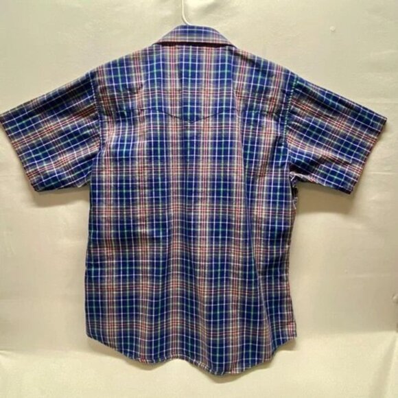 Wrangler Short Sleeve Button-Up Men's Large Blue Plaid Western Pearl Snap EUC - Picture 2 of 9